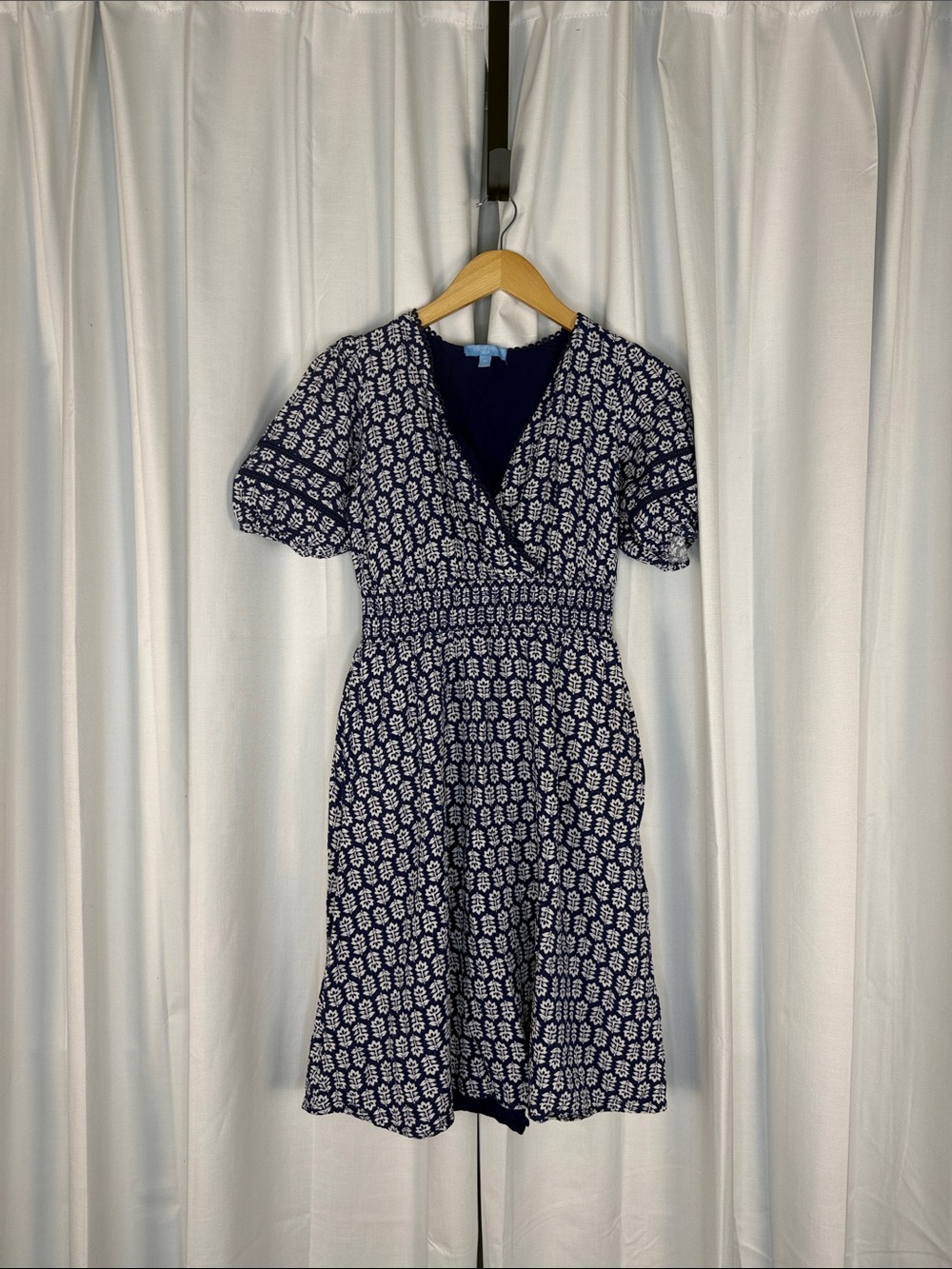 Draper James Navy and White Floral Wrap Midi Dress
